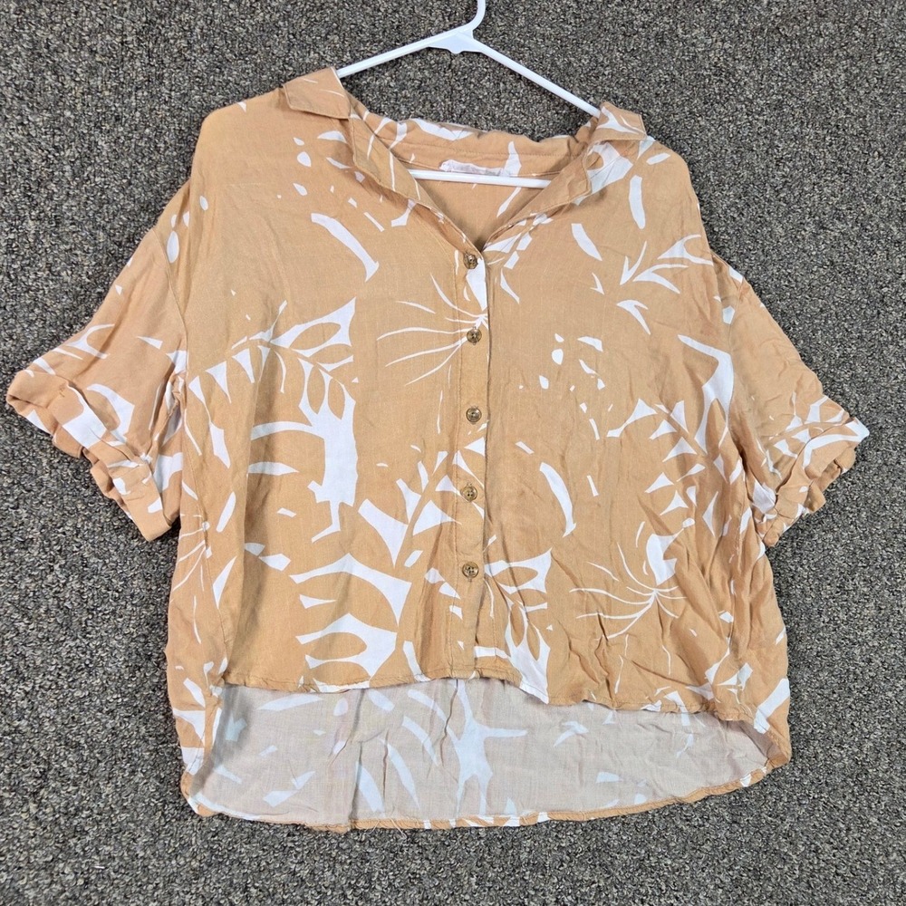 Jane + Delancey Button Down Shirt Womens‎ L Tan Tropical Palm Leaf Short Sleeve